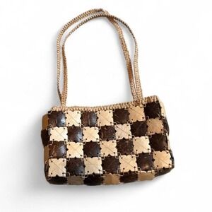 Handmade Coconut shell patchwork shoulder handbag brown cream checker boho vibe